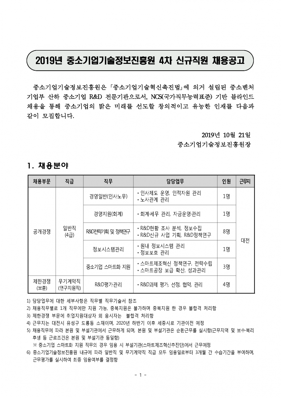 2019년 중소기업기술정보진흥원 4차 신규직원 채용공고_페이지_1